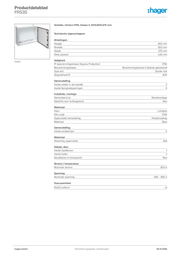 Afbeelding Hager Productdatablad FR53S | Hager Nederland