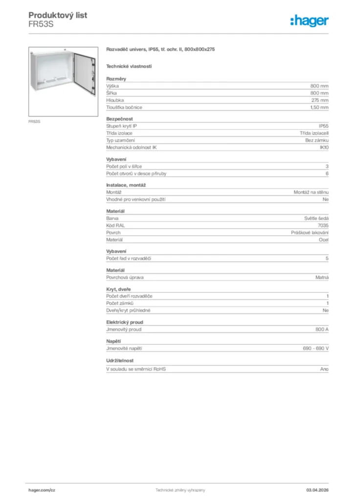 Obrázek Hager Product data sheet FR53S | Hager