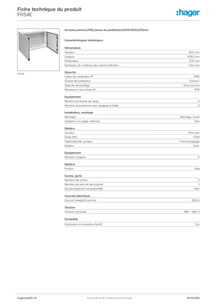 Image Hager Fiche technique du produit FR54E | Hager Suisse