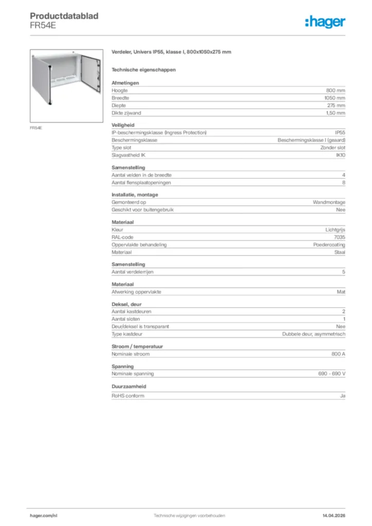 Afbeelding Hager Productdatablad FR54E | Hager Nederland