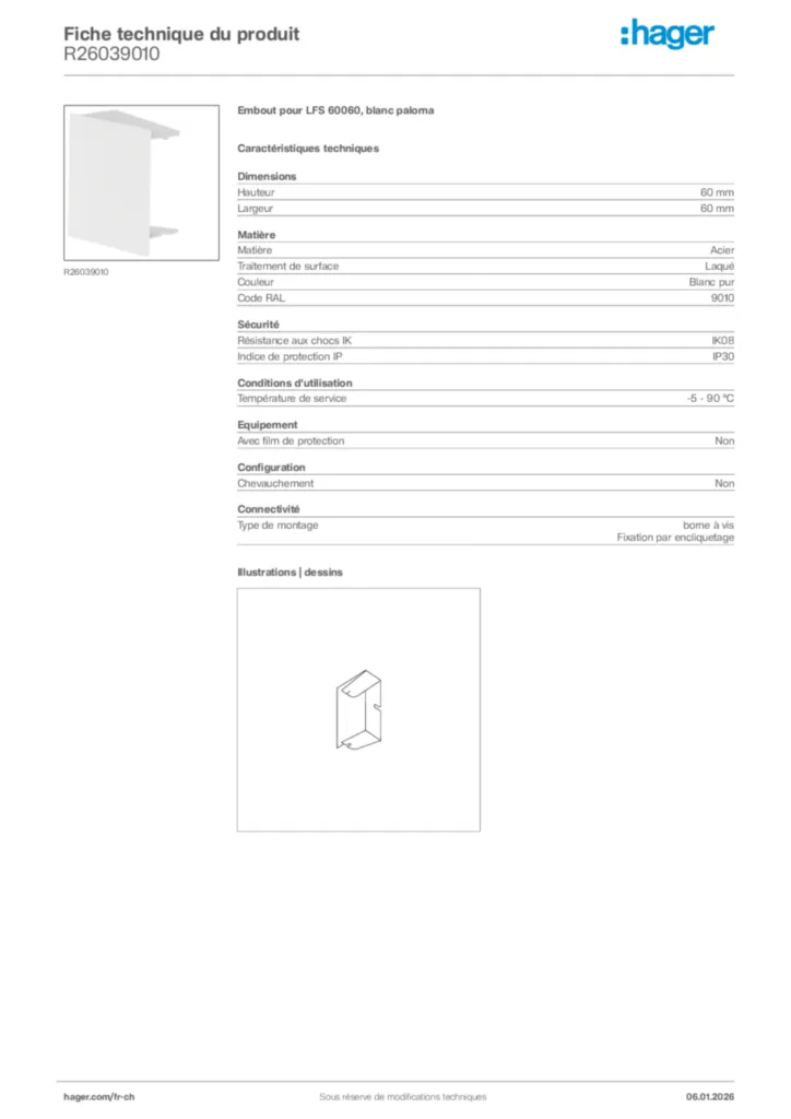 Image Hager Fiche technique du produit R26039010 | Hager Suisse