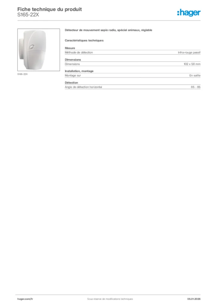 Image Hager Fiche technique du produit S165-22X | Hager France