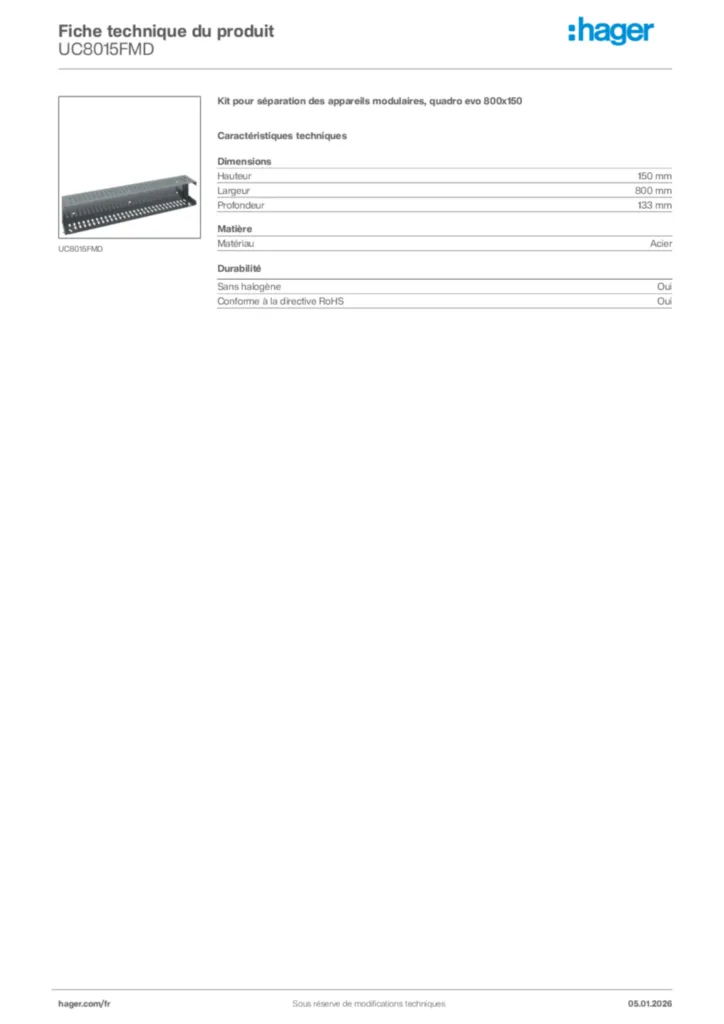 Image Hager Fiche technique du produit UC8015FMD | Hager France