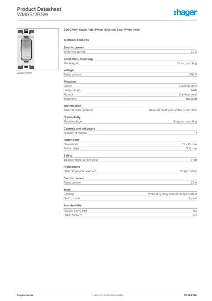 Image Hager Product data sheet WMGS12BSW  | Hager