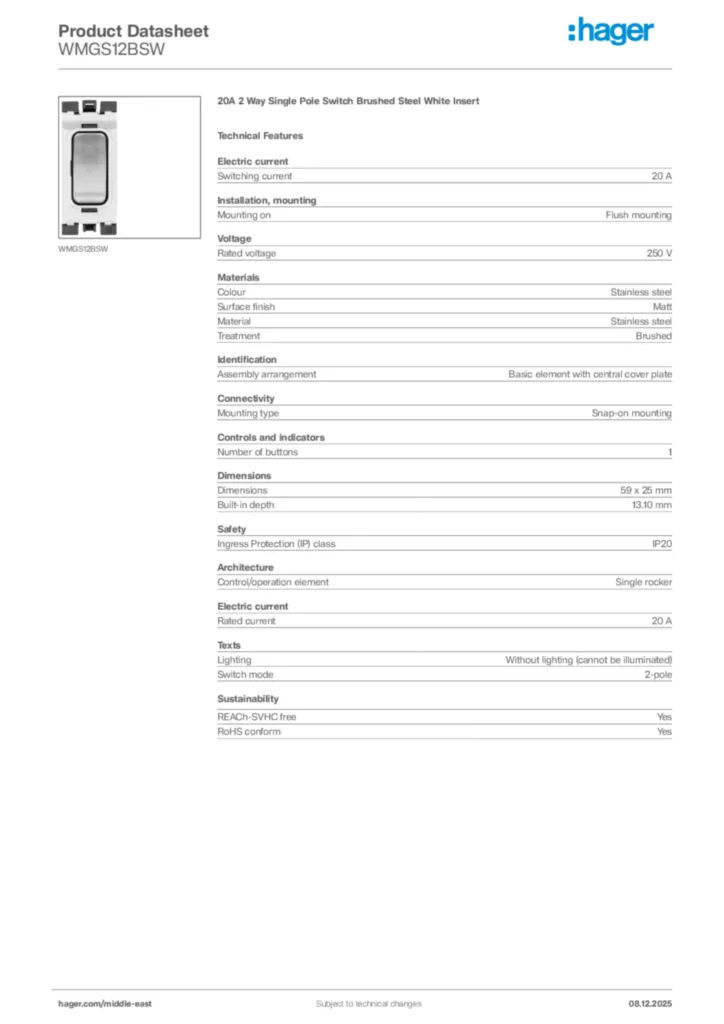 Image Hager Product data sheet WMGS12BSW  | Hager