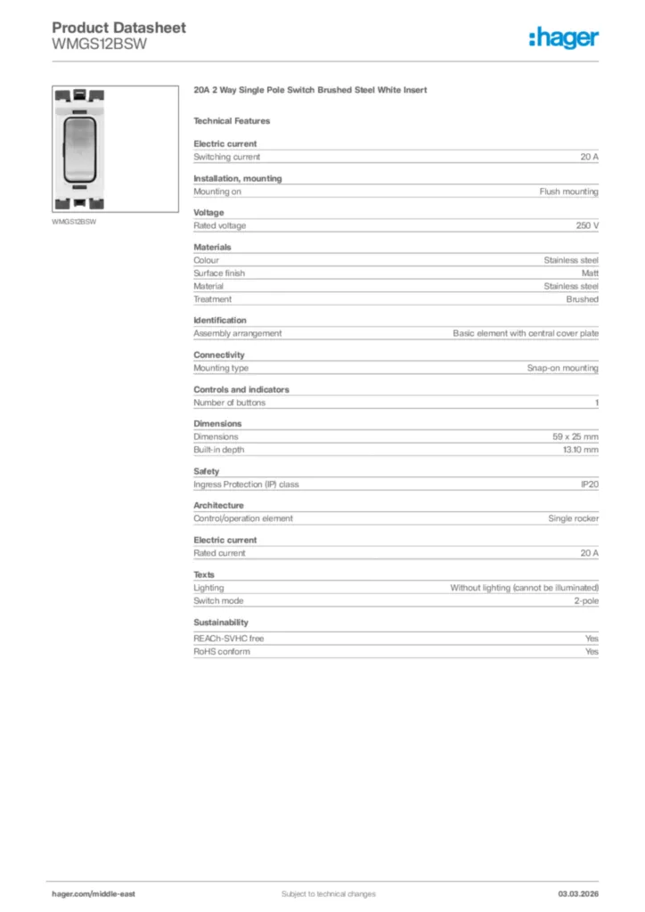 Image Hager Product data sheet WMGS12BSW  | Hager