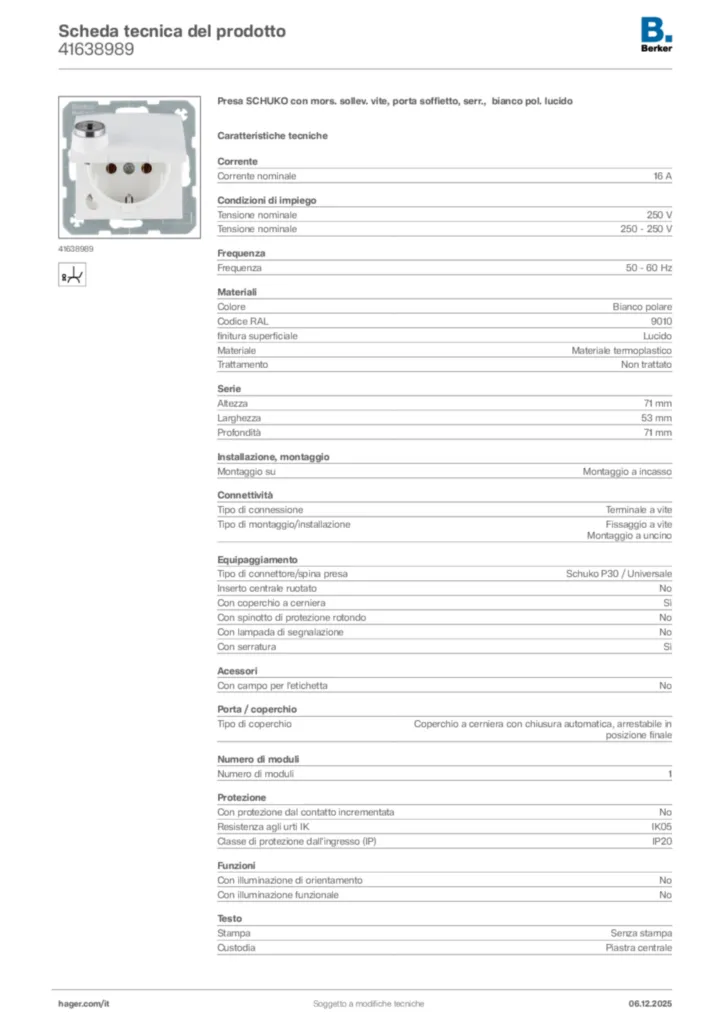 Immagine Berker Scheda tecnica del prodotto 41638989 | Hager Italia