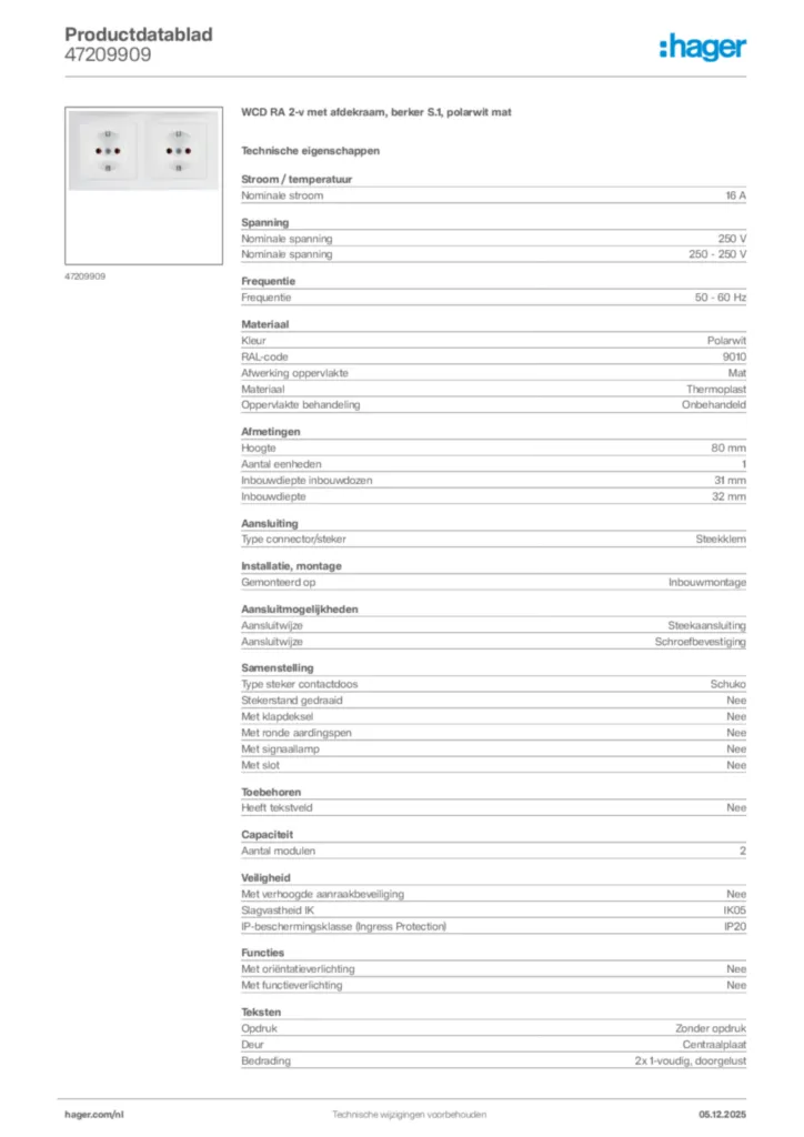 Afbeelding Hager Productdatablad 47209909 | Hager Nederland