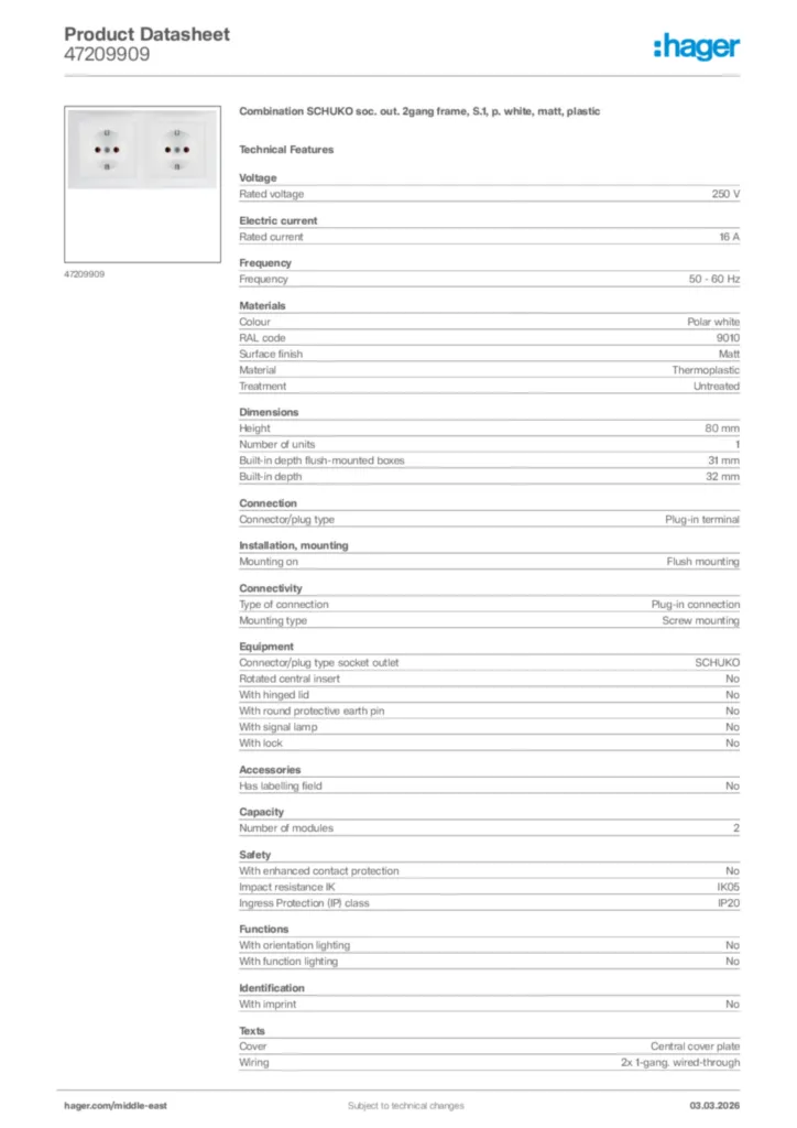 Image Hager Product data sheet 47209909  | Hager