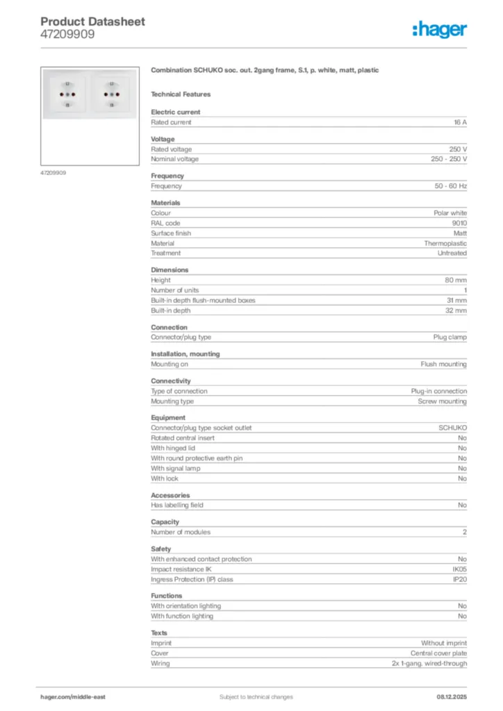 Image Hager Product data sheet 47209909  | Hager