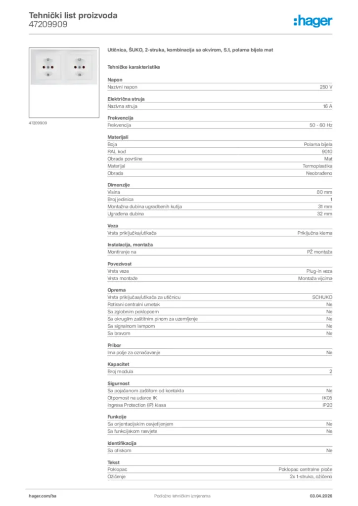 Slika Hager Tehnički list proizvoda 47209909  | Hager