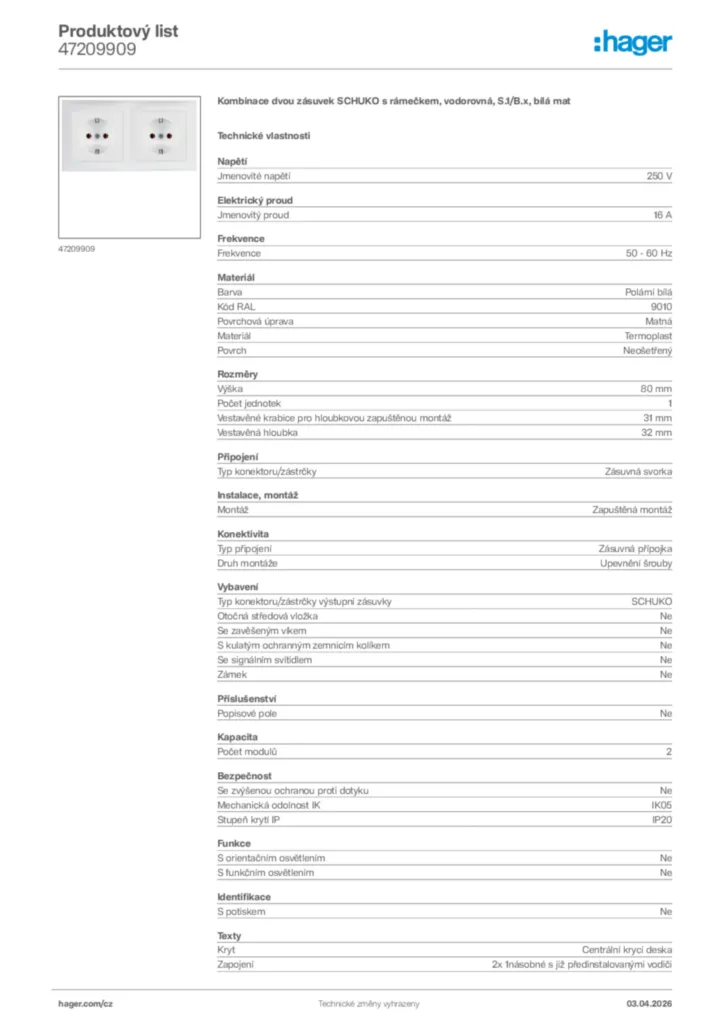 Obrázek Hager Product data sheet 47209909 | Hager