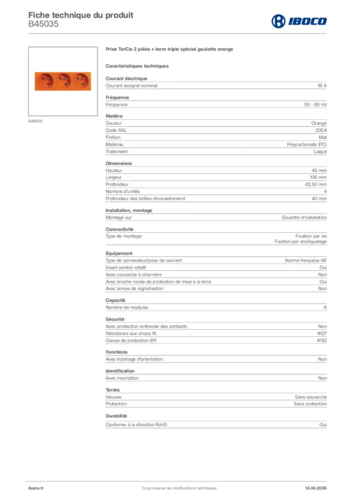 Image Iboco Fiche technique du produit B45035 | Hager France