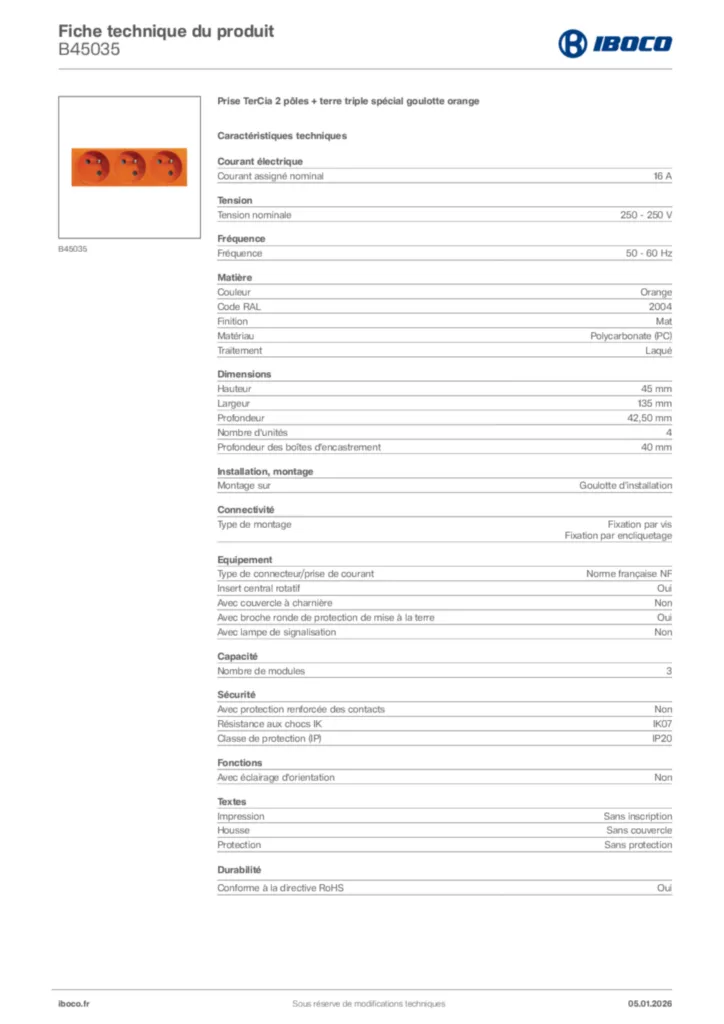 Image Iboco Fiche technique du produit B45035 | Hager France