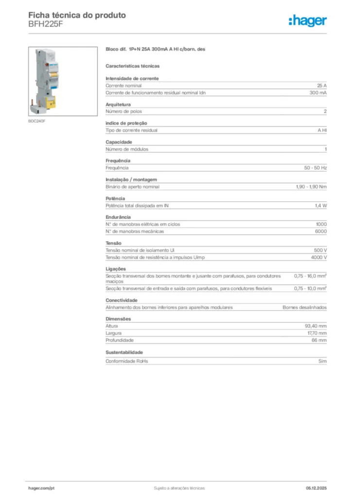 Imagem Hager Ficha técnica do produto BFH225F | Hager Portugal