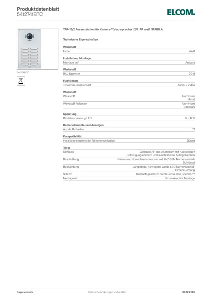 Bild Elcom Produktdatenblatt 5412741BTC | Hager Deutschland