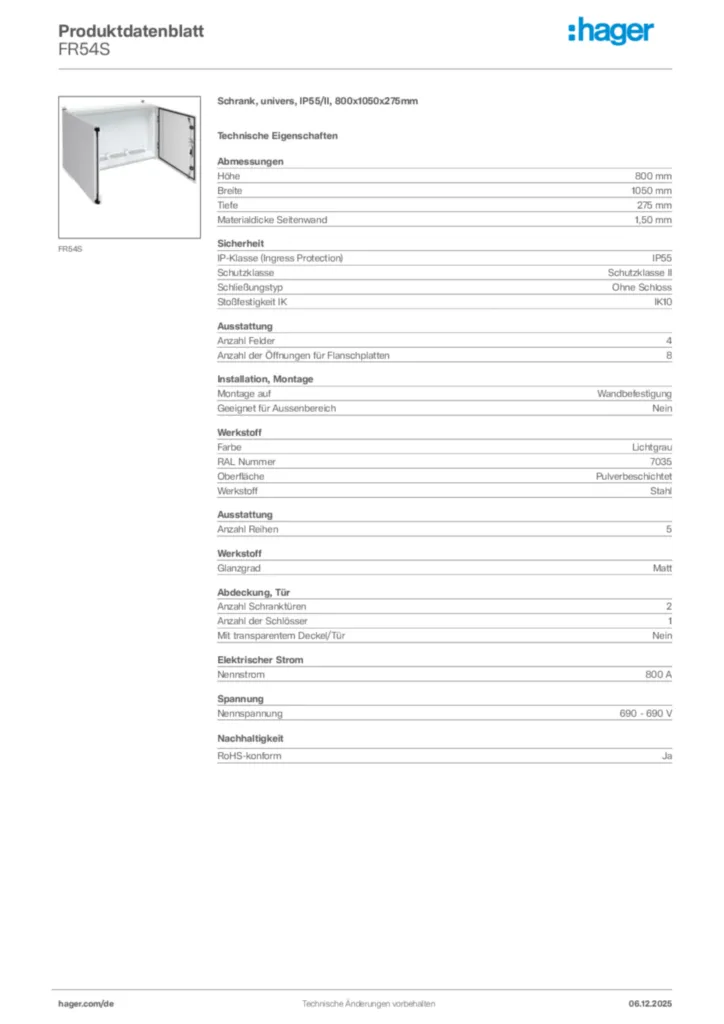 Bild Hager Produktdatenblatt FR54S | Hager Deutschland