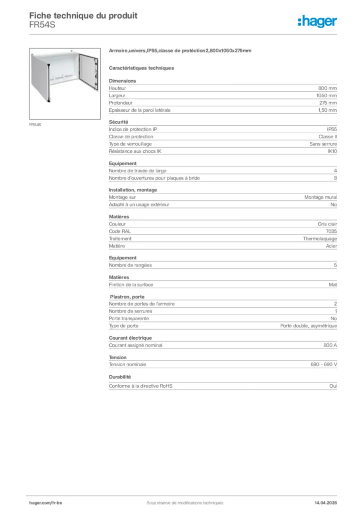 Image Hager Fiche technique du produit FR54S | Hager Belgique