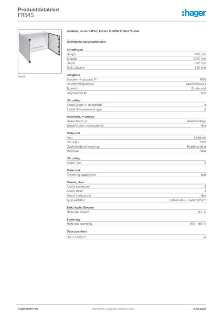 Afbeelding Hager Productdatablad FR54S | Hager Belgium