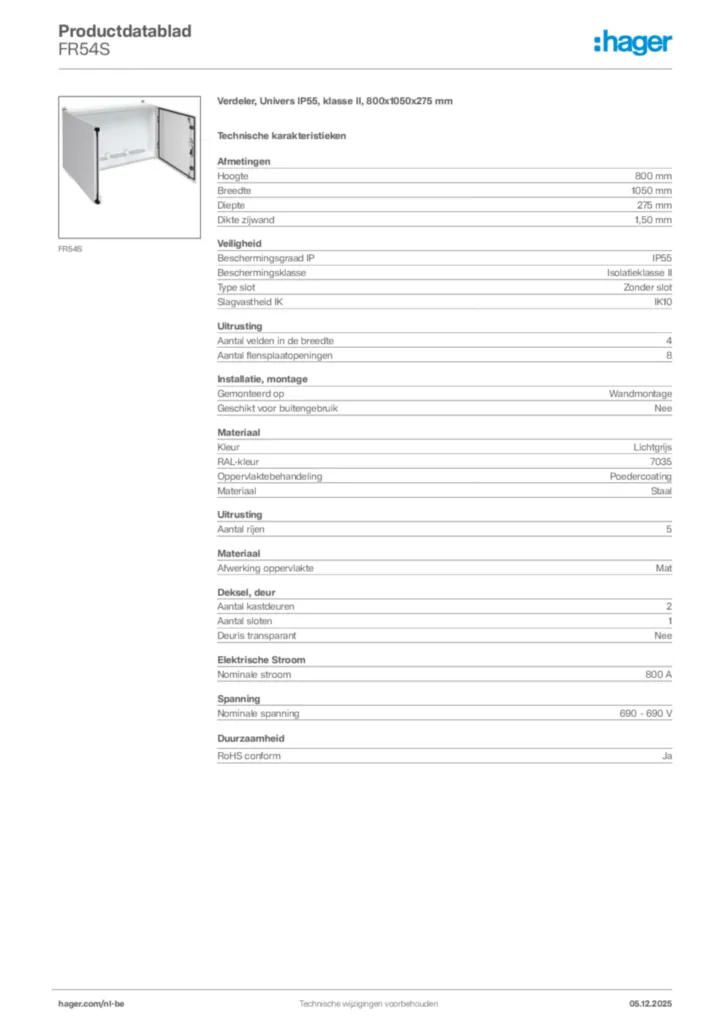 Afbeelding Hager Productdatablad FR54S | Hager Belgium
