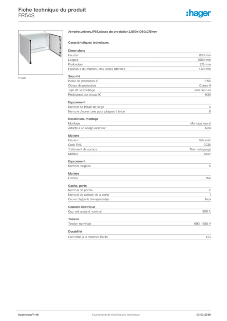 Image Hager Fiche technique du produit FR54S | Hager Suisse