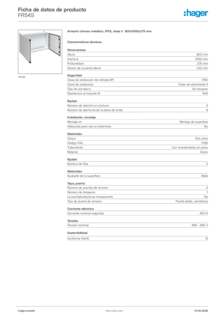 Imagen Hager Ficha de datos de producto FR54S | Hager España