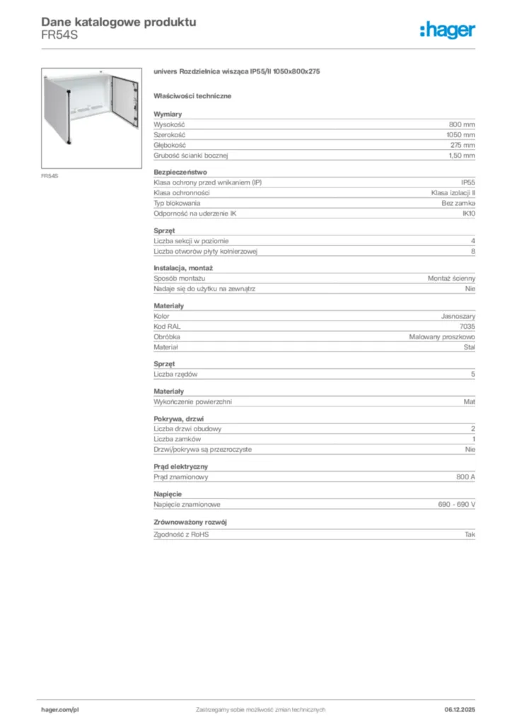 Zdjęcie Hager Dane katalogowe produktu FR54S | Hager Polska