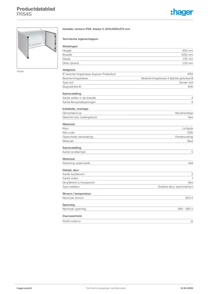 Afbeelding Hager Productdatablad FR54S | Hager Nederland