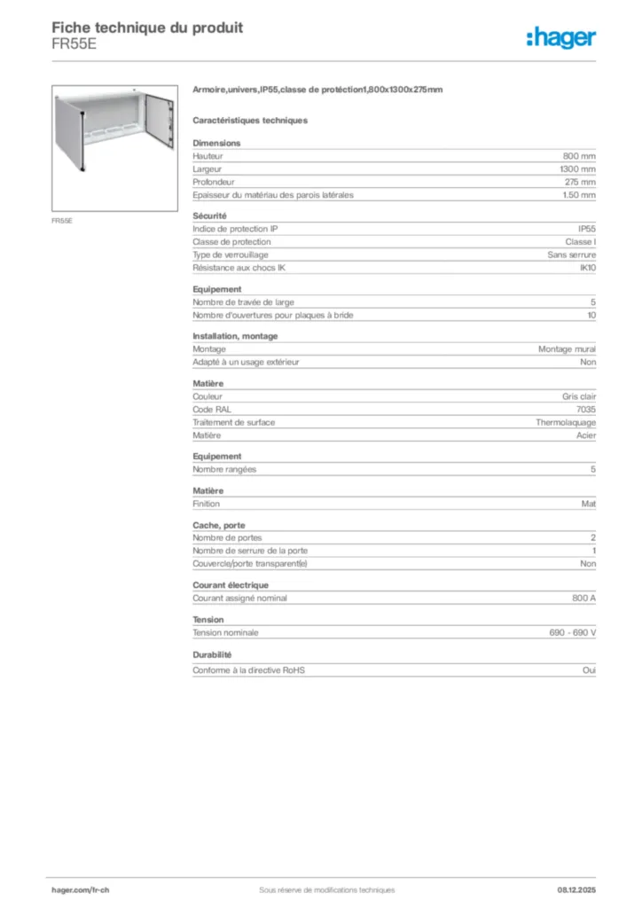 Image Hager Fiche technique du produit FR55E | Hager Suisse