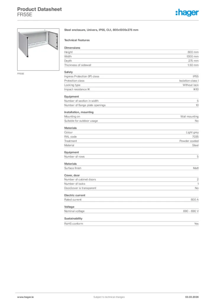 Image Hager Product data sheet FR55E  | Hager