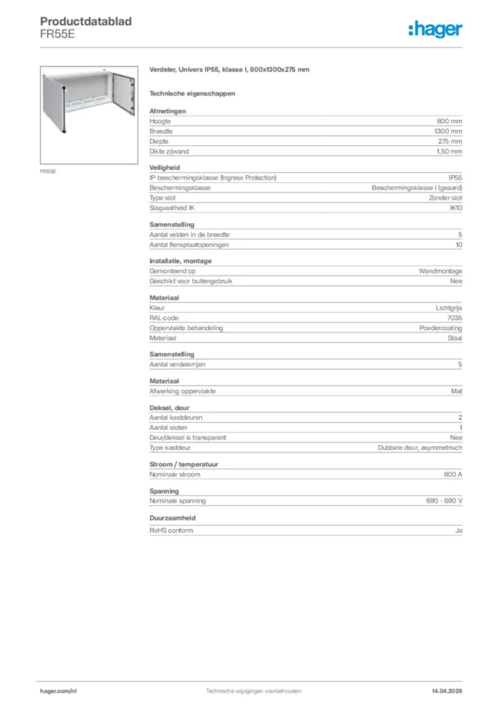 Afbeelding Hager Productdatablad FR55E | Hager Nederland