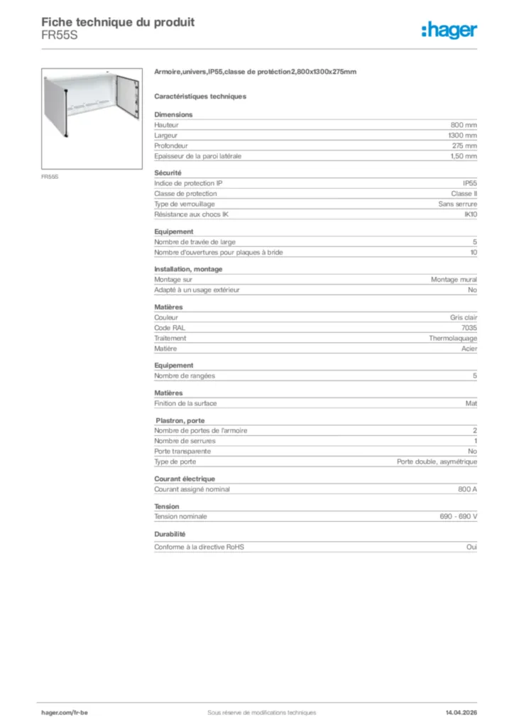 Image Hager Fiche technique du produit FR55S | Hager Belgique