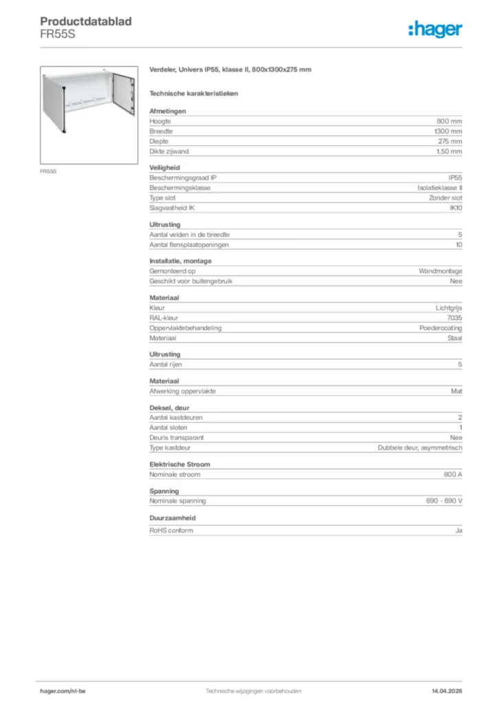 Afbeelding Hager Productdatablad FR55S | Hager Belgium