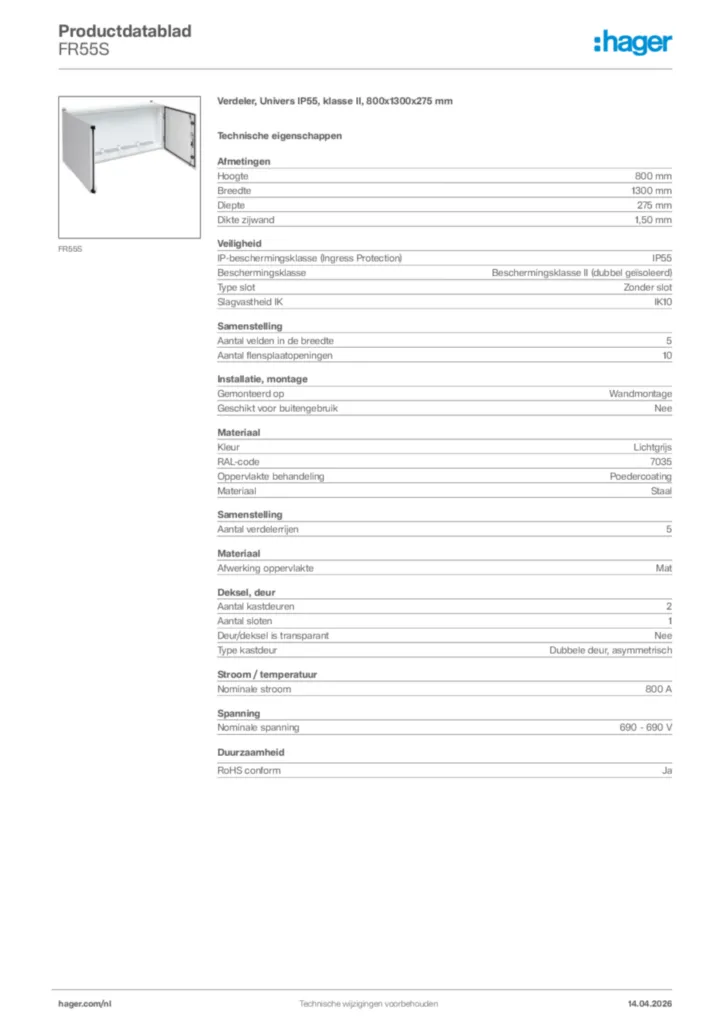 Afbeelding Hager Productdatablad FR55S | Hager Nederland