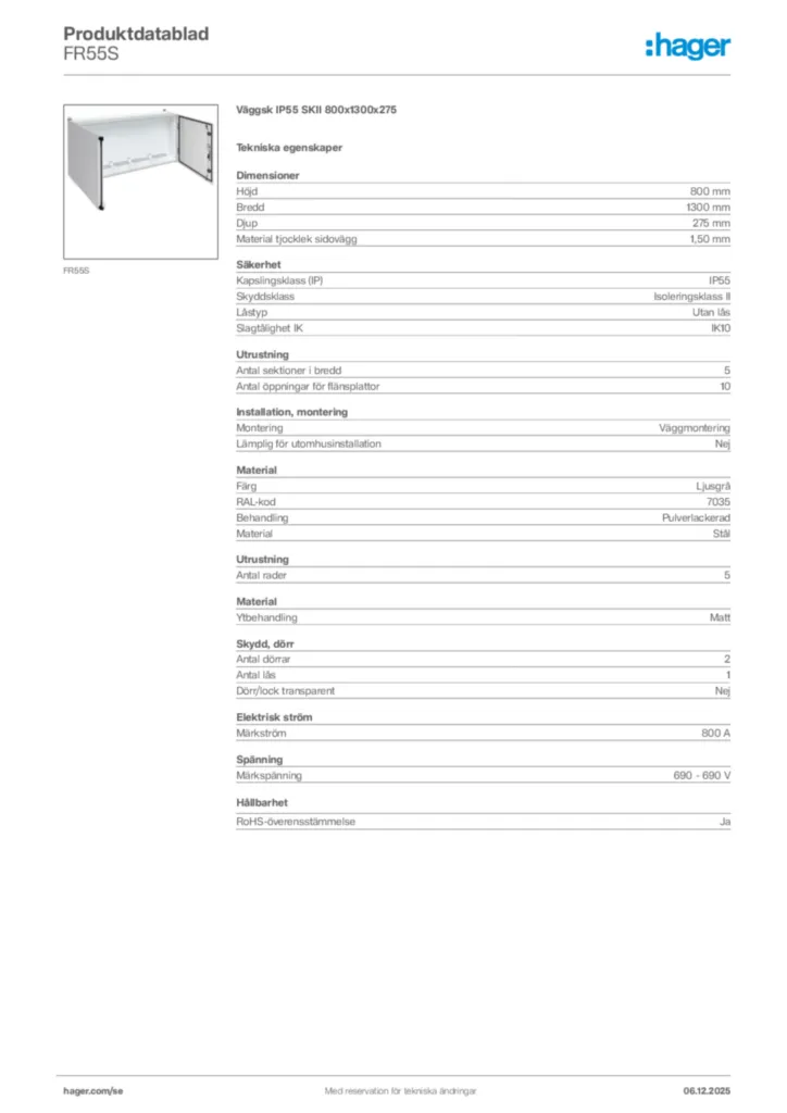 Bild Hager Produktdatablad FR55S | Hager Sverige