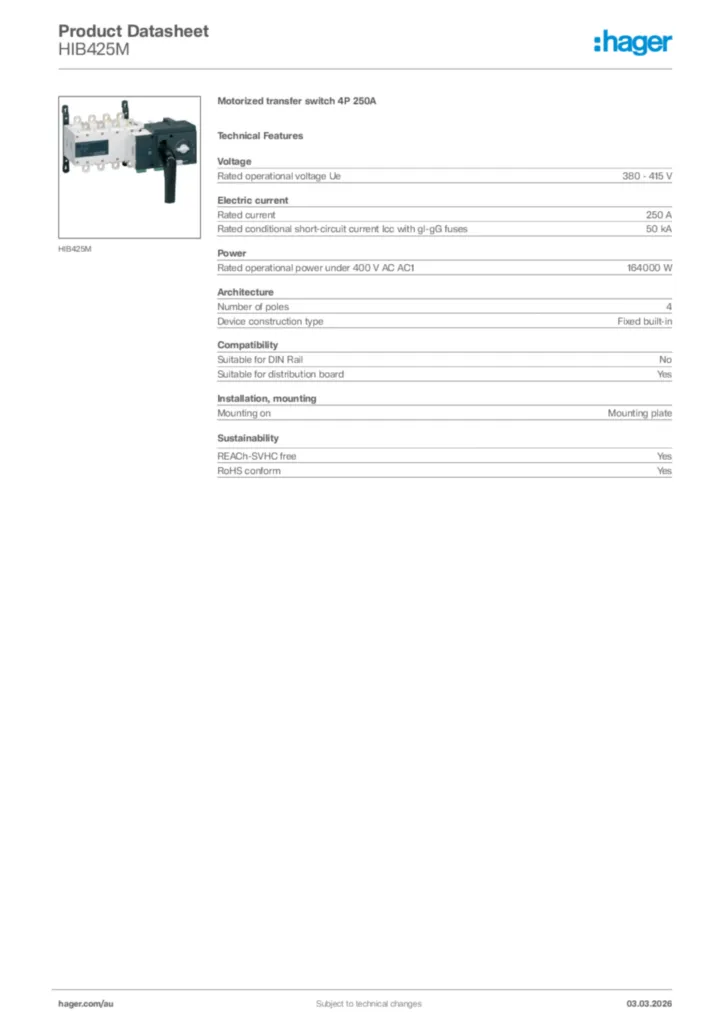 Image Hager Product data sheet HIB425M  | Hager Australia