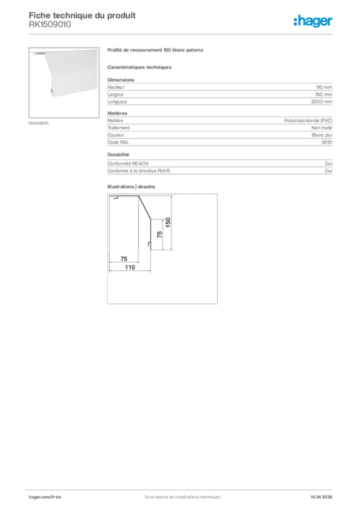 Image Hager Fiche technique du produit RK1509010 | Hager Belgique