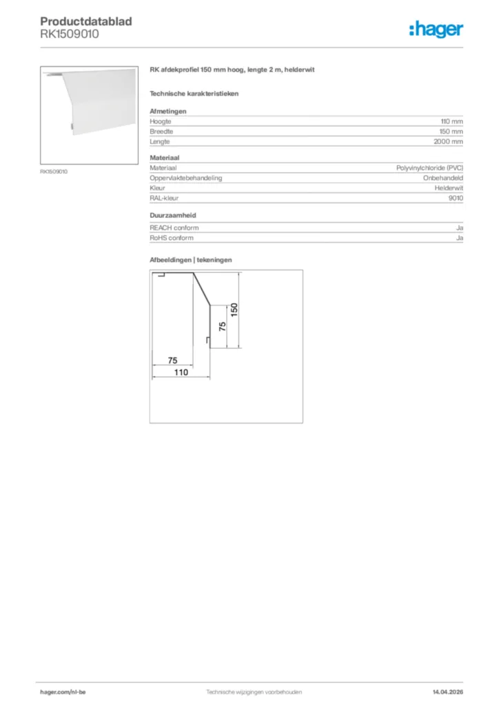 Afbeelding Hager Productdatablad RK1509010 | Hager Belgium