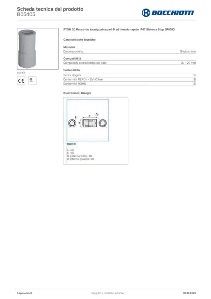 Immagine Bocchiotti Scheda tecnica del prodotto B05405 | Hager Italia
