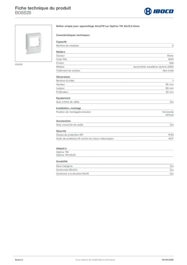 Image Iboco Fiche technique du produit B08828 | Hager France