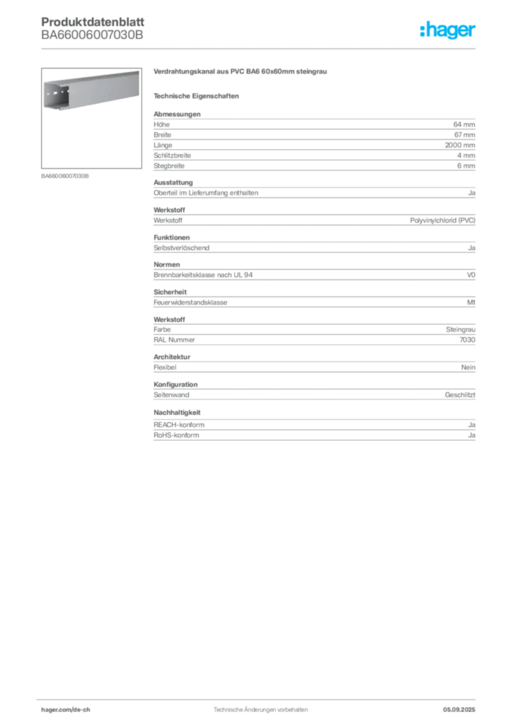 Bild Hager Produktdatenblatt BA66006007030B | Hager Schweiz