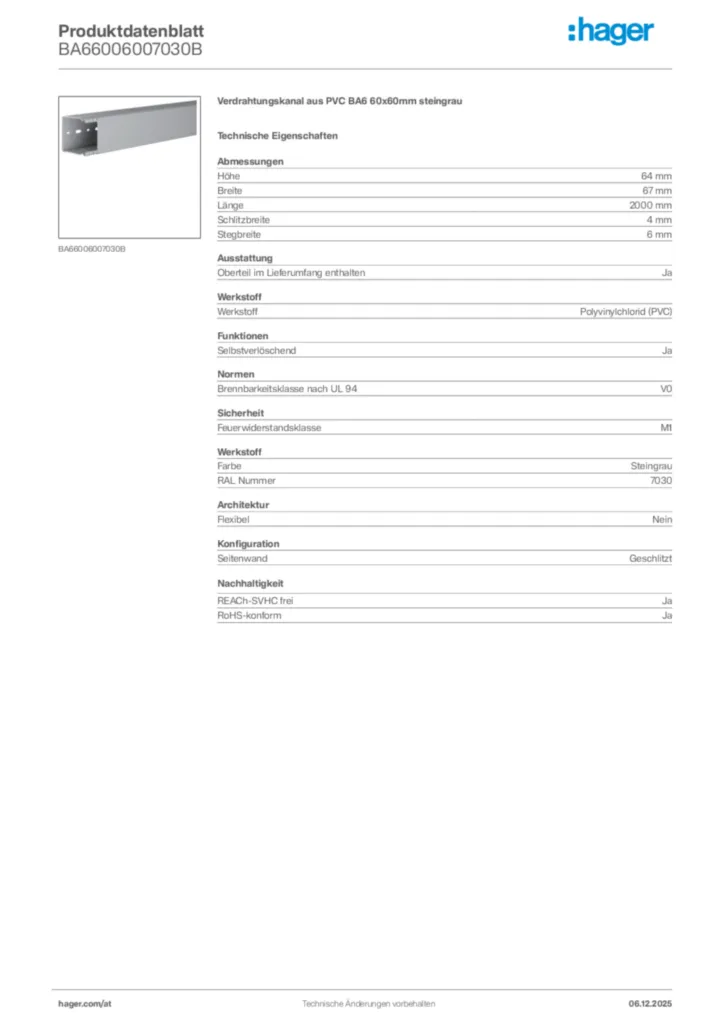 Bild Hager Produktdatenblatt BA66006007030B | Hager Deutschland
