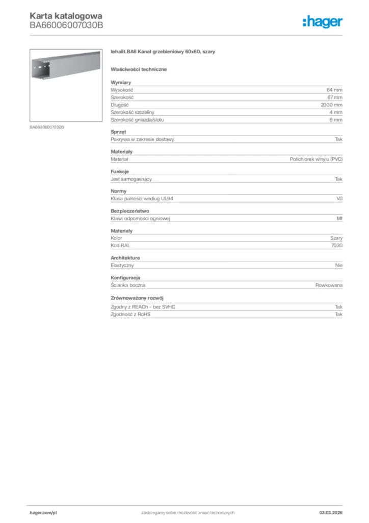 Zdjęcie Hager Karta katalogowa BA66006007030B | Hager Polska