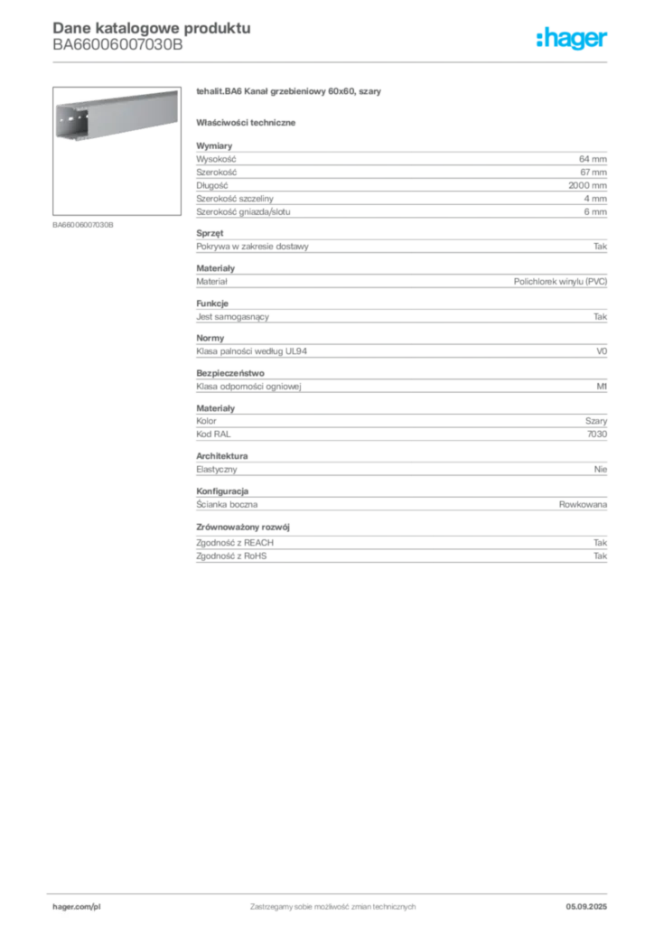 Zdjęcie Hager Dane katalogowe produktu BA66006007030B | Hager Polska