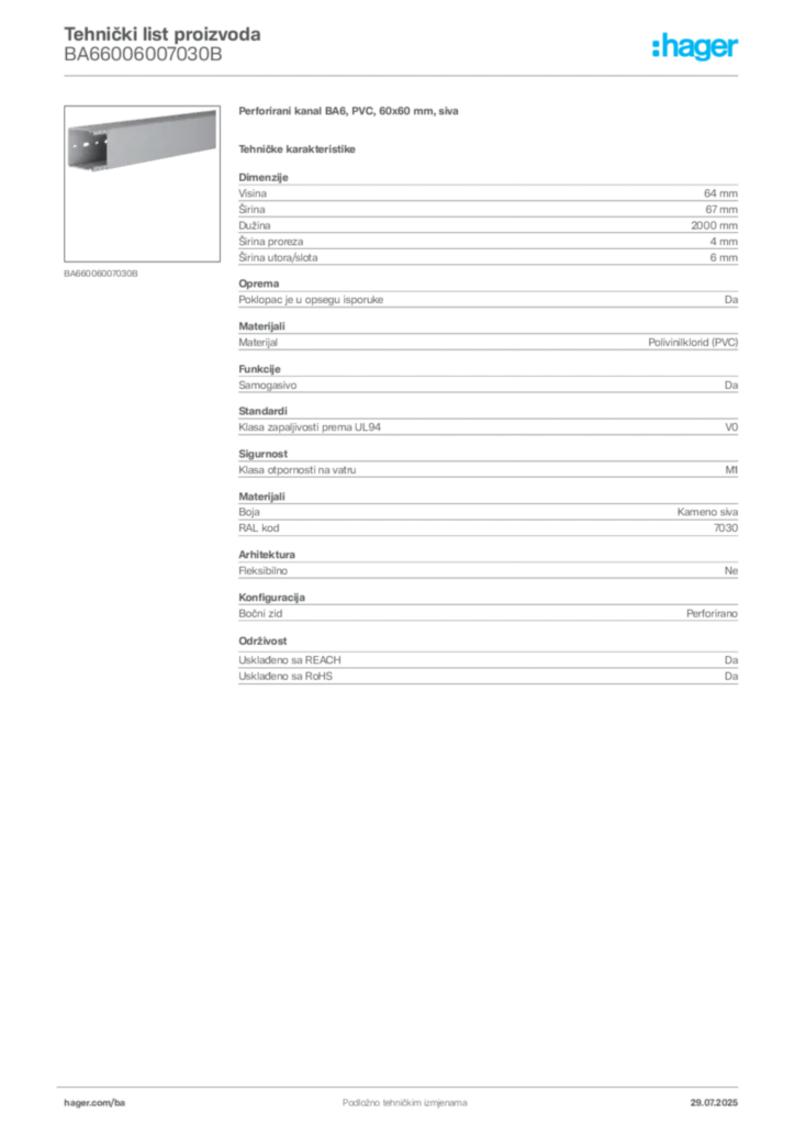 Slika Hager Product data sheet BA66006007030B  | Hager