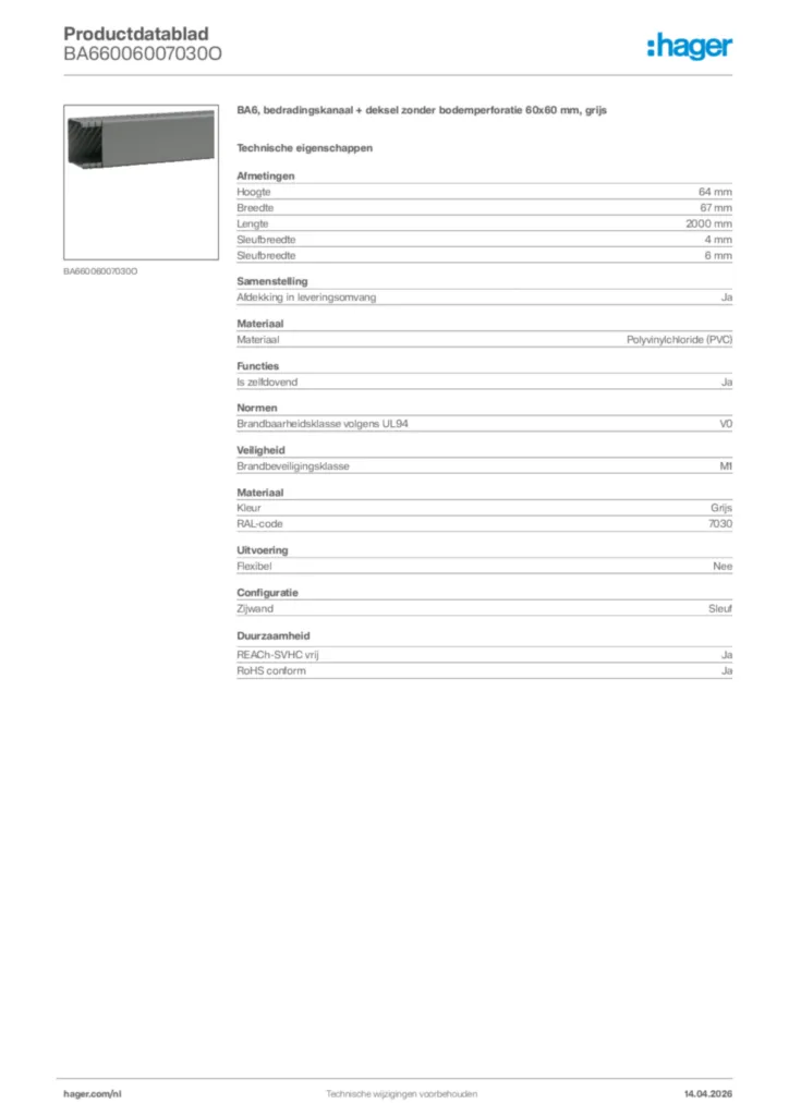 Afbeelding Hager Productdatablad BA66006007030O | Hager Nederland