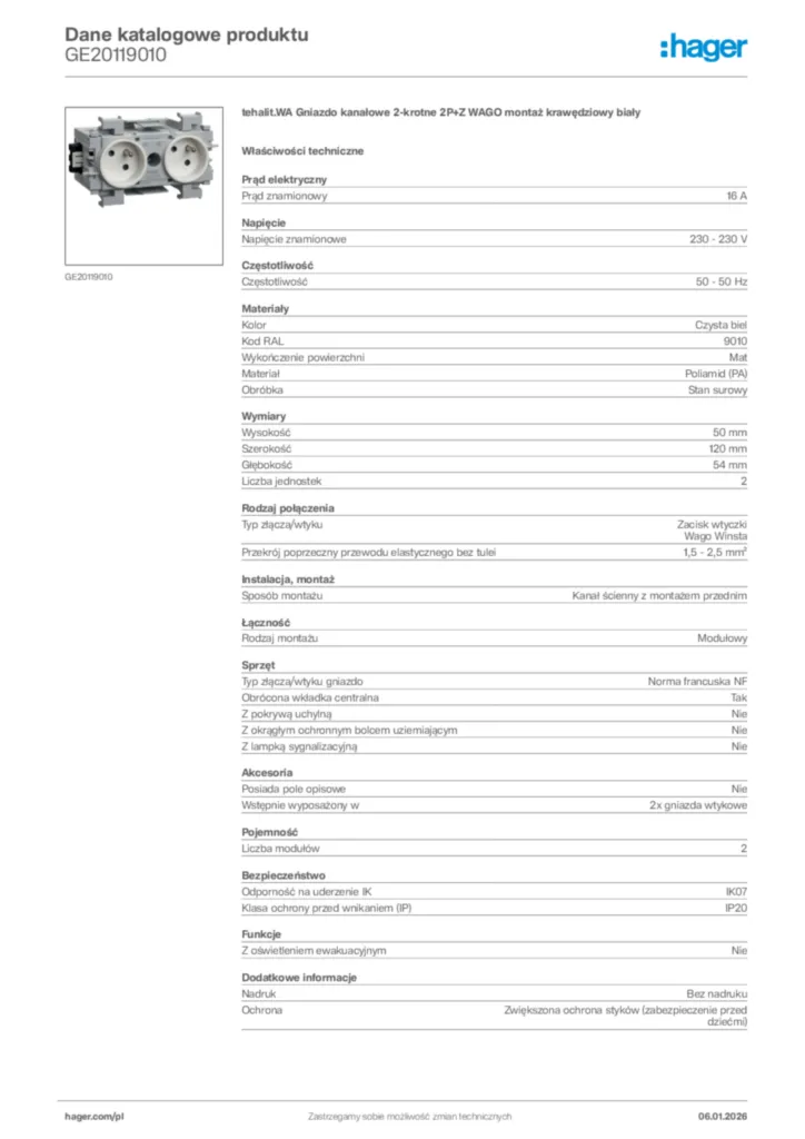Zdjęcie Hager Karta katalogowa GE20119010 | Hager Polska