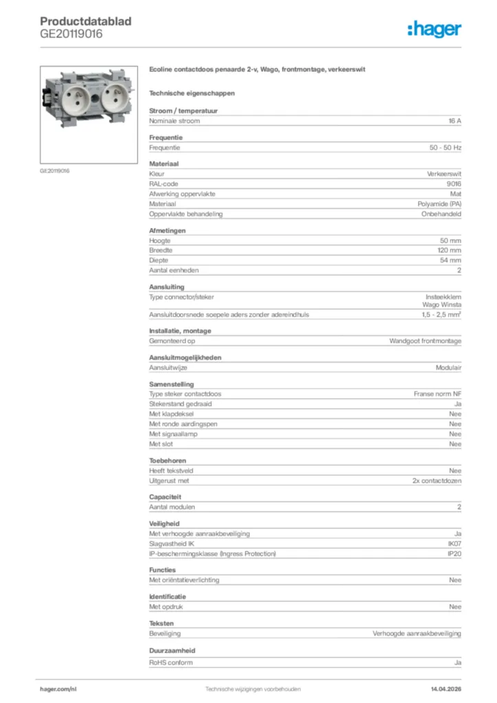Afbeelding Hager Productdatablad GE20119016 | Hager Nederland