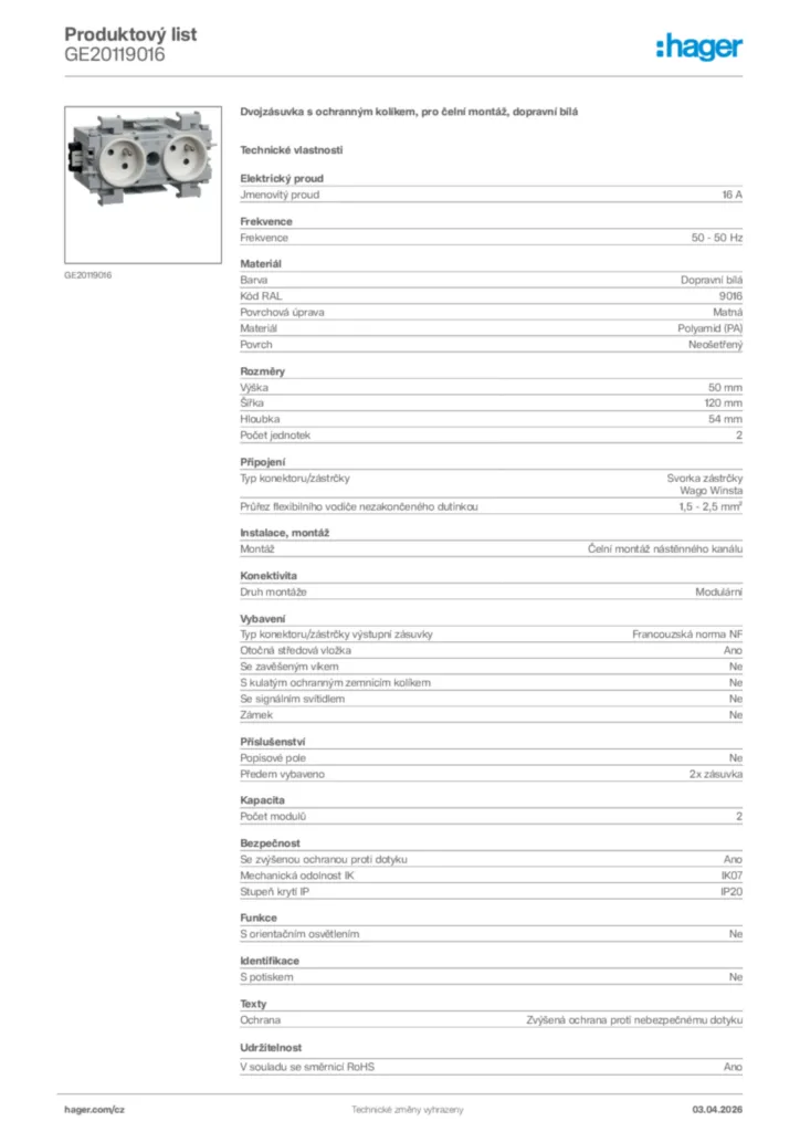 Obrázek Hager Product data sheet GE20119016 | Hager