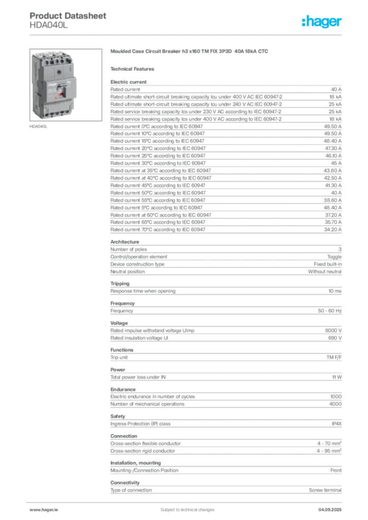 Image Hager Product data sheet HDA040L  | Hager